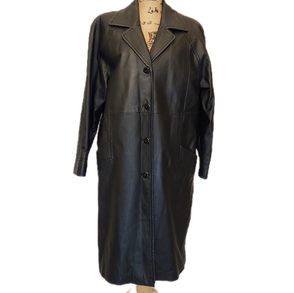 Pamela McCoy Collections Black Womens Leather Coat w/faux fur collar sz Small